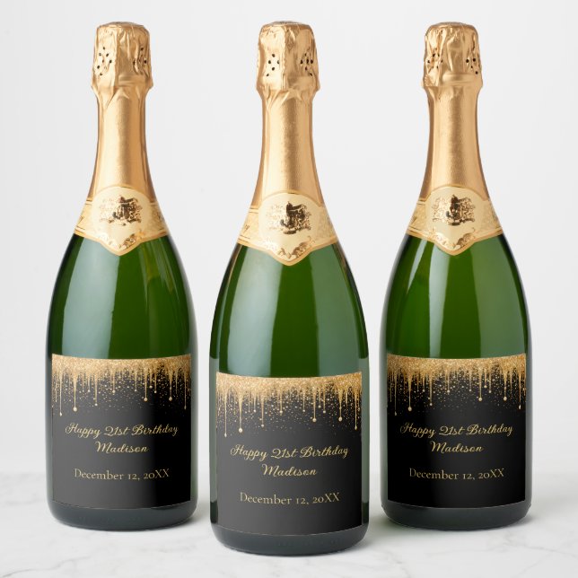 Personlig svart guld droppande glitter födelsedag (Flaskor)