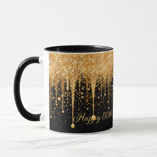 Personlig svart guld droppande glitter födelsedag mugg (Vänster)