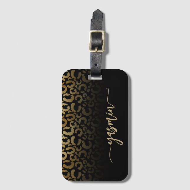 Personlig svart guld leopardfläckssignatur bagagebricka (Framsida vertikal)