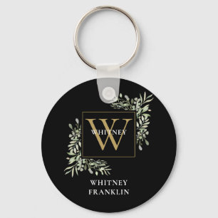 Personlig svart guldmonogram elegant grönska nyckelring