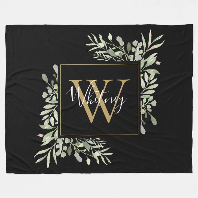 Personlig svart guldmonogram grönska blomster fleecefilt (Framsidan (Horisontell))