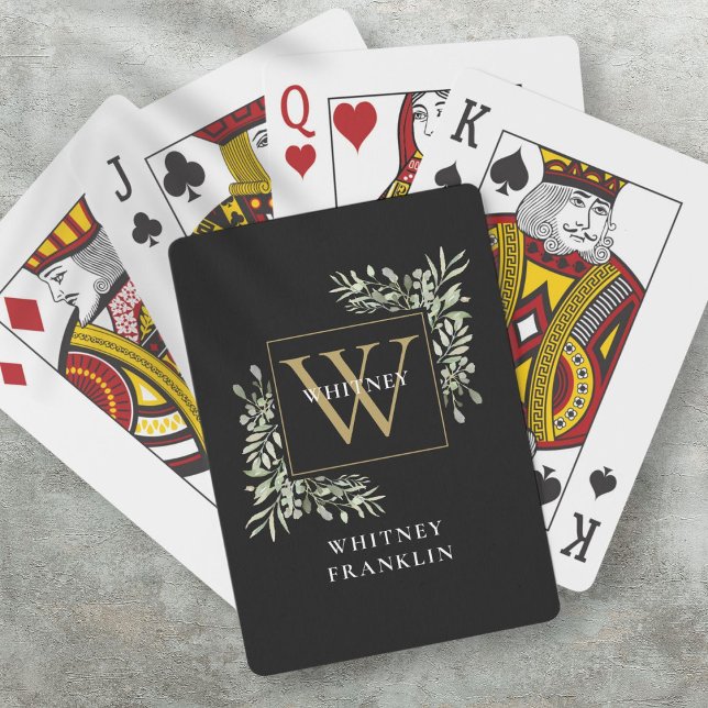 Personlig svart guldmonogram grönska casinokort (Personalized Black Gold Monogram Greenery Playing Cards)