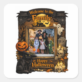 Personlig svart katt Halloween familjefoto ram Fyrkantigt Klistermärke
