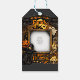 Personlig svart katt Halloween familjefoto ram Presentetikett