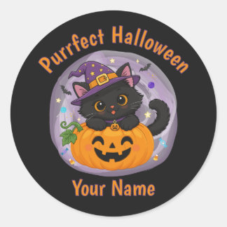 Personlig svart katt Halloween rund dekalj Runt Klistermärke