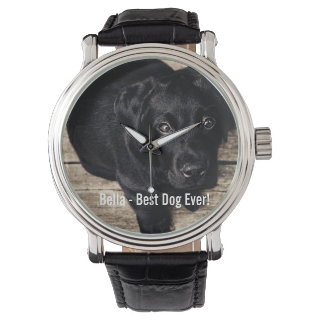 Personlig Svart lab Hund Foto och Hund Namn Armbandsur (Framsida)