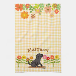 Personlig svart Labrador och många blommor Kökshandduk