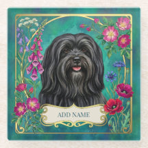 Personlig svart Lhasa Apso blommig glasundersats