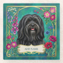 Personlig svart Lhasa Apso blommig glasundersats