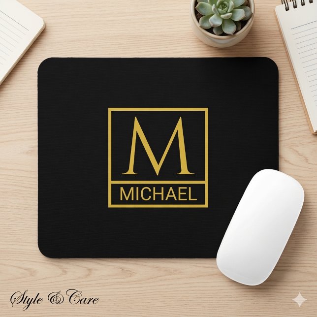 Personlig svart musknapp med initial & Namn Musmatta (Personalized Black Mouse Pad with Initial & Name)