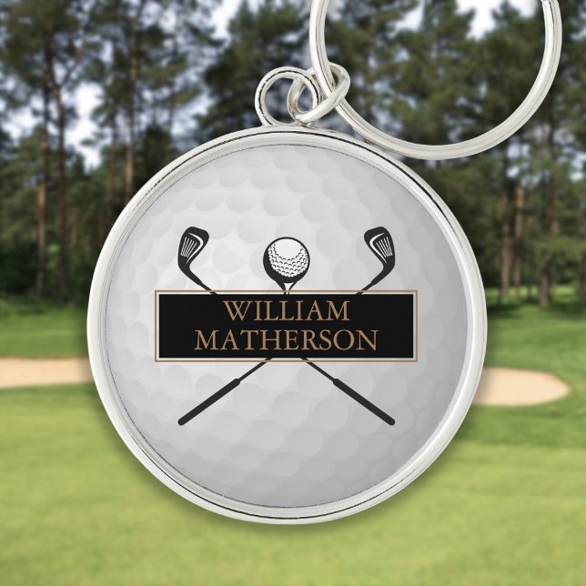 Personlig svart och gul klassisk golfboll rund silverfärgad nyckelring (Personalized Gold and Black Golf Ball Classic Keychain)