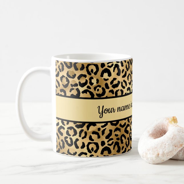 Personlig svart och guld leopardtryck gepard  kaffemugg (Med munk)