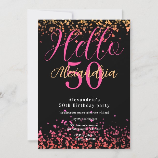 Personlig svart och rosa glitter 50-årsdag inbjudningar (Framsida)