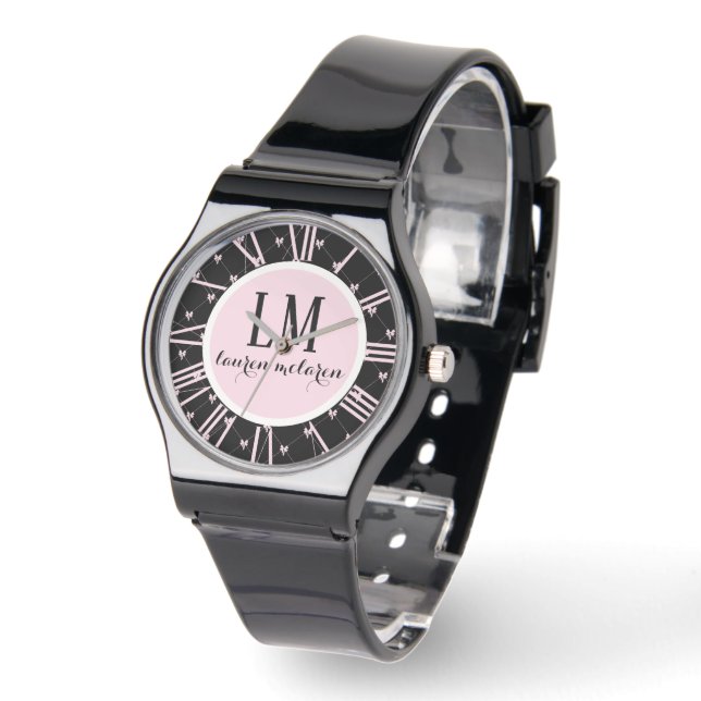 Personlig svart och rosa rosett armbandsur (Vinkel)