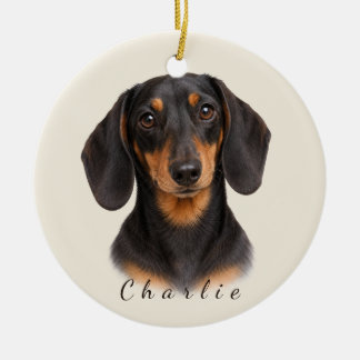 Personlig svart och tan dachshund med namn julgransprydnad keramik