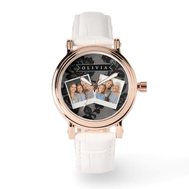 Personlig svart spetsblomma elegant monogram armbandsur (Framsida)