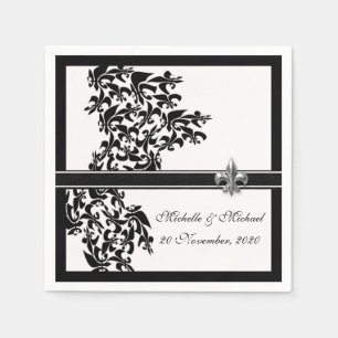 Personlig Svart Vit Fleur de Lis Damask Stil Pappersservett
