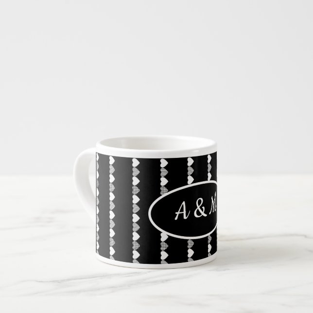 Personlig svart-vit kärlekshjärtmönster espressomugg (Framsida vänster)