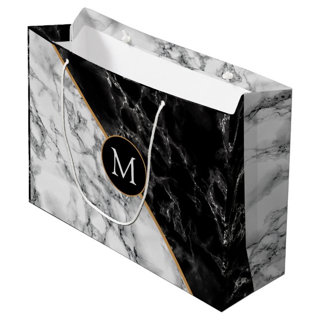 Personlig svart-vit marmorerad monogrampresentpåse (Framsidan Vinklad)