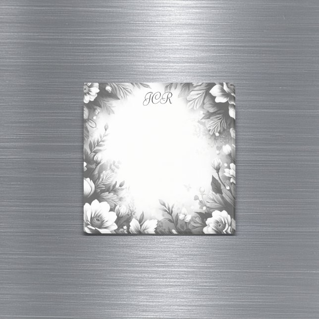 Personlig svart-vit monogram blom- post-it block (Featuring a sophisticated monochrome pretty floral pattern, customizable with your initials)