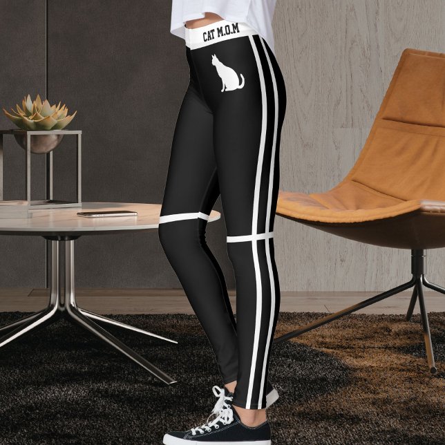 Personlig svart-vit-randig kattmamma leggings (Skapare uppladdad)