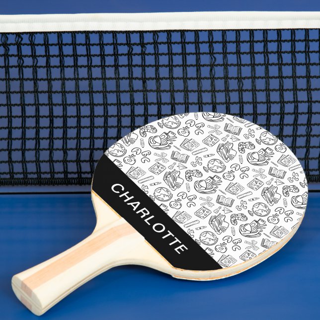 Personlig svart-vit skolhandritad klotter pingisracket (Insitu)