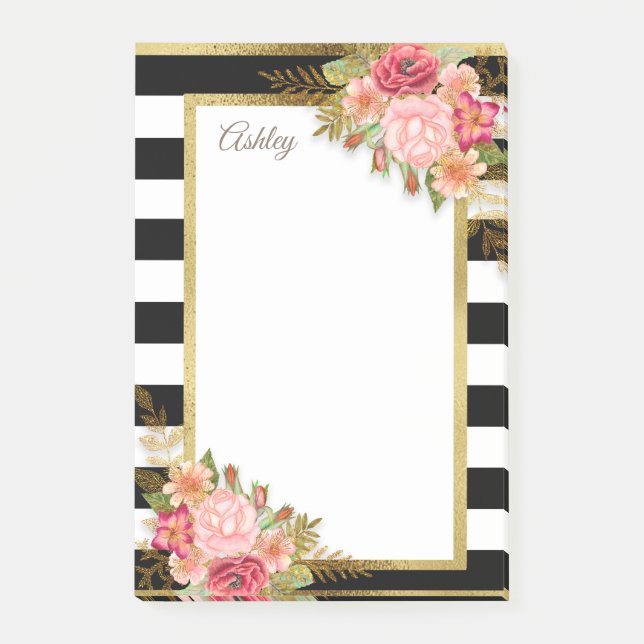 Personlig Svart Vita Ränder Rosa Guld Blommig Post-it Block (Framsida)