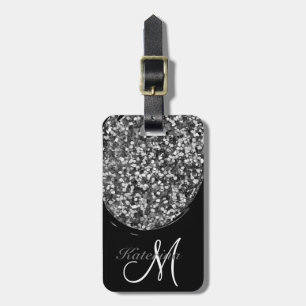 Personlig Svarta Silver Glitter Gnistra Namn Bagagebricka