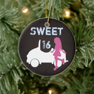Personlig Sweet 16 Girl and Car ~ Rosa, Blue Julgransprydnad Keramik
