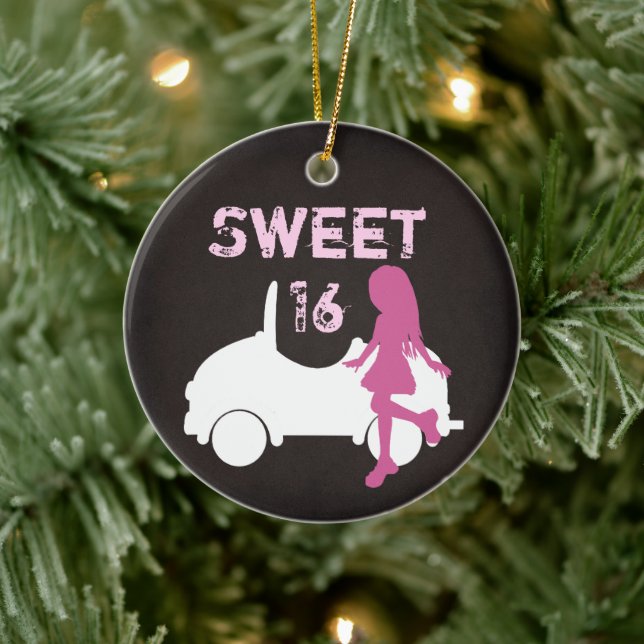 Personlig Sweet 16 Girl and Car, Rosa jul Julgransprydnad Keramik (Träd)