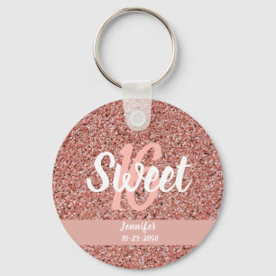 Personlig Sweet 16 Ro Guld Rosa Glitter Nyckelring