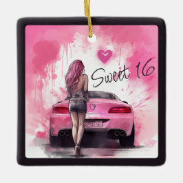 Personlig Sweet 16 Rosa Car and Girl jul Julgransprydnad Keramik