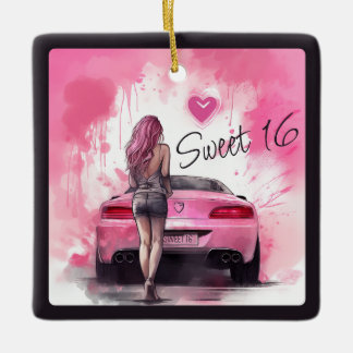 Personlig Sweet 16 Rosa Car and Girl jul Julgransprydnad Keramik