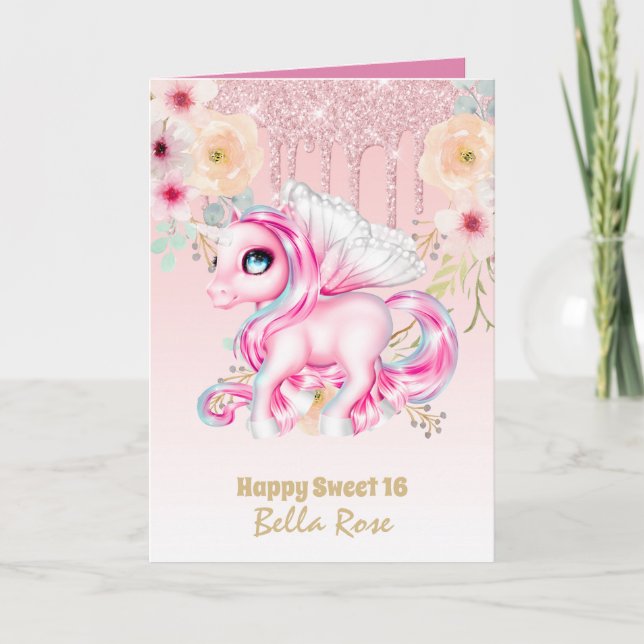 Personlig Sweet 16 Söt Enhörning Födelsedagskort Kort (Framsida)