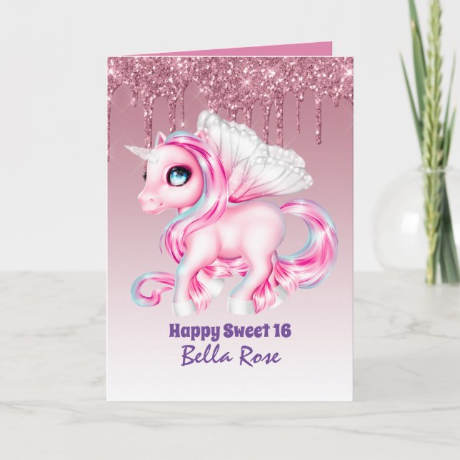 Personlig Sweet 16 Söt Unicorn Birthday Card Kort (Framsida)