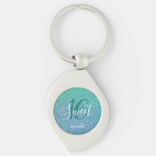 Personlig Sweet 16 Turquise Blue Glitter Glam Swirl Silverfärgad Nyckelring