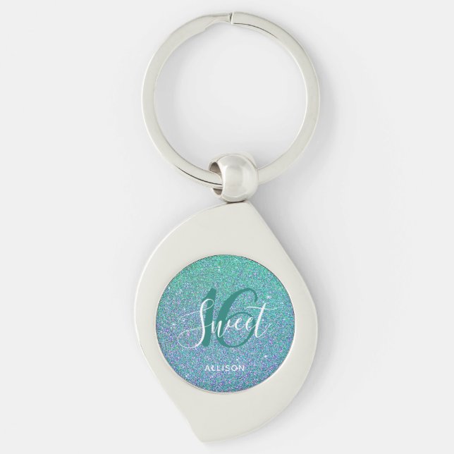 Personlig Sweet 16 Turquise Blue Glitter Glam Swirl Silverfärgad Nyckelring (Framsidan)
