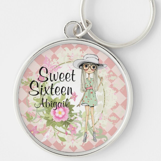 Personlig Sweet sixteen Coola Girl Sweet 16 Rund Silverfärgad Nyckelring (Framsidan)