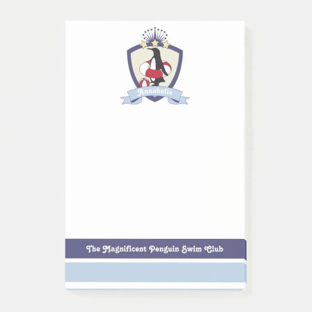 Personlig Swimming Klubb Vapensköld Cute Penguin K Post-it Block (Framsida)