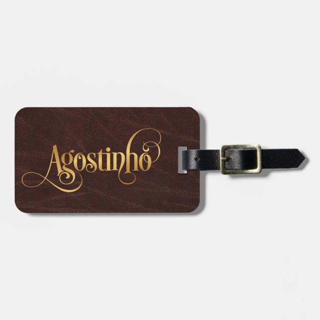 Personlig Swirly Script Agostinho Guld Leather Bagagebricka (Horisontell Framsida)