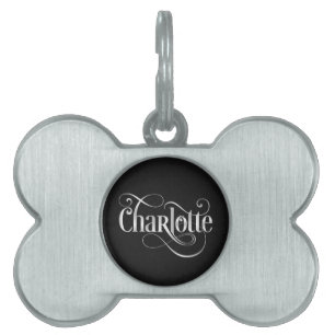 Personlig Swirly Script Charlotte Silv på svart Namnbricka Husdjur