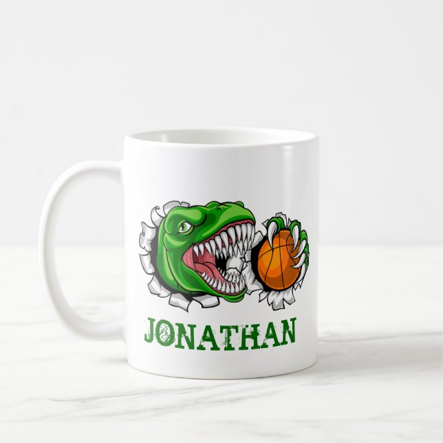 Personlig T-Rex Basketball Dinosaur Kaffemugg (Vänster)