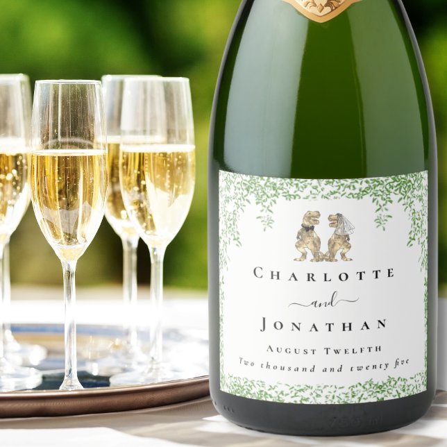 Personlig T-Rex Brud & Brudgum Dinosaurie Bröllop (Personalized T-Rex bride and groom dinosaur wedding sparkling wine labels Watercolor eucalyptus )