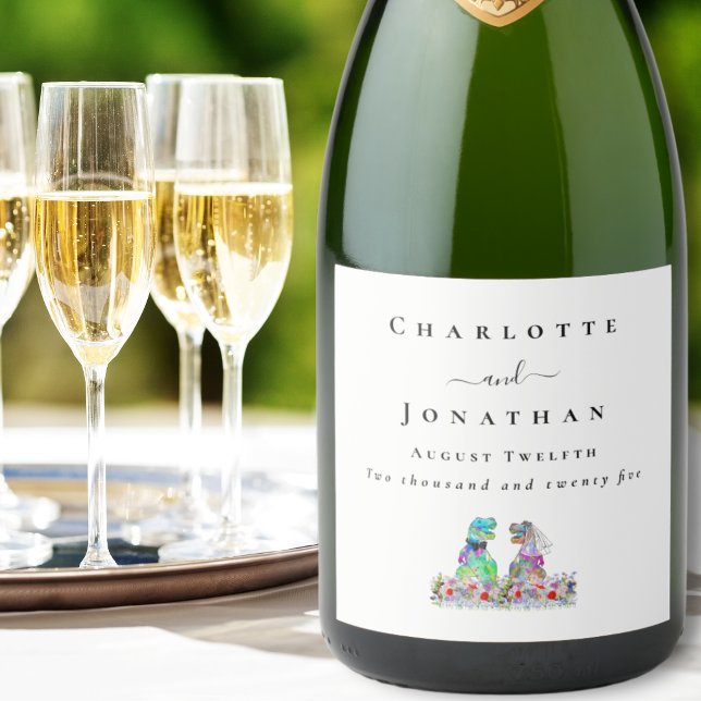 Personlig T-Rex Brud & Brudgum Dinosaurie Bröllop (Dinosaur themed wedding T-Rex bride and groom colorful floral  custom sparkling wine labels)