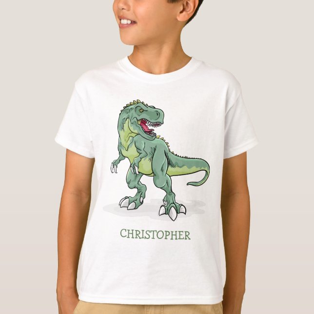 Personlig t-rex-pojkfödelsedagskalkyl tyrannosaur t shirt (Framsida)
