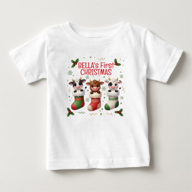 Personlig T-Shirt för Bebisens Första Ko jul (Framsida)