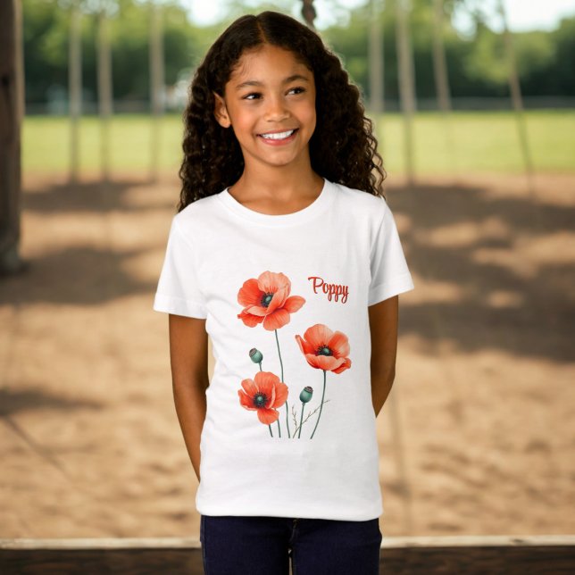 Personlig t-shirt för flickor med vallmoblommor (A pretty poppy shirt with space for your name)