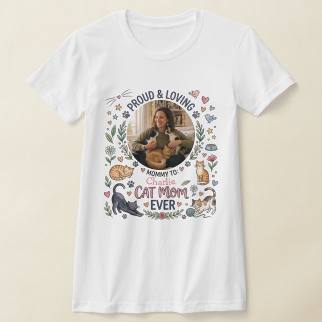 Personlig T-Shirt Med Foto & Namn För Kattmamma (Laydown)