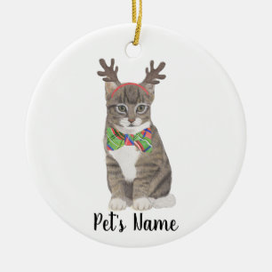 Personlig Tabby katt (Grått) Antlers & Bow Tie Julgransprydnad Keramik