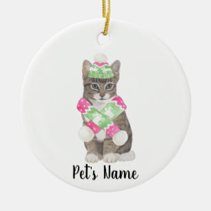 Personlig Tabby katt (Grått) Rosa och Grönt Scarf Julgransprydnad Keramik
